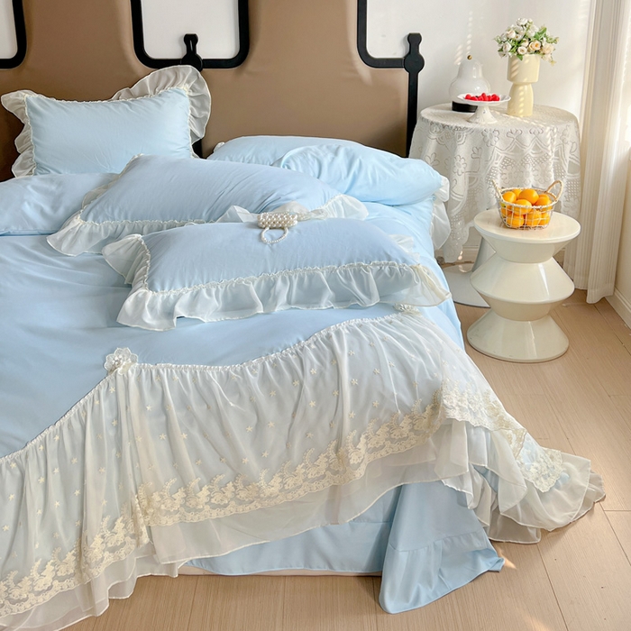 91家纺网 家纺一手货源 找家纺 艺玲家纺 2025新款糯小棉爱丽莎雪纺花边四件套 爱丽莎-蓝