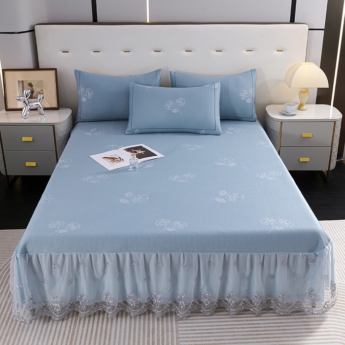 91家纺网 家纺一手货源 找家纺 席之家 2025新款3D冰感蕾丝床裙豆豆席 蕾丝-茶花之恋-蓝