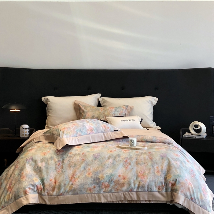 91家纺网 家纺一手货源 找家纺 佳汐蓝2025新款典雅诗意花卉全棉印花四件套券后不低于438/458元 时光之恋-杏黄桔