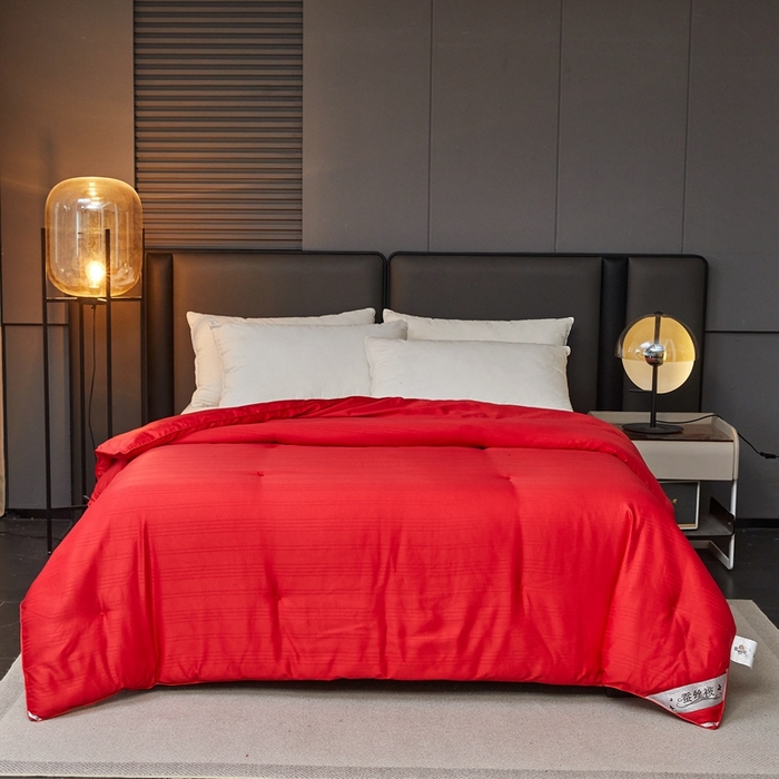 91家纺网 家纺一手货源 找家纺 金同成家纺 2025新款缎条蚕丝被春秋被子母被冬被子被芯 中国红