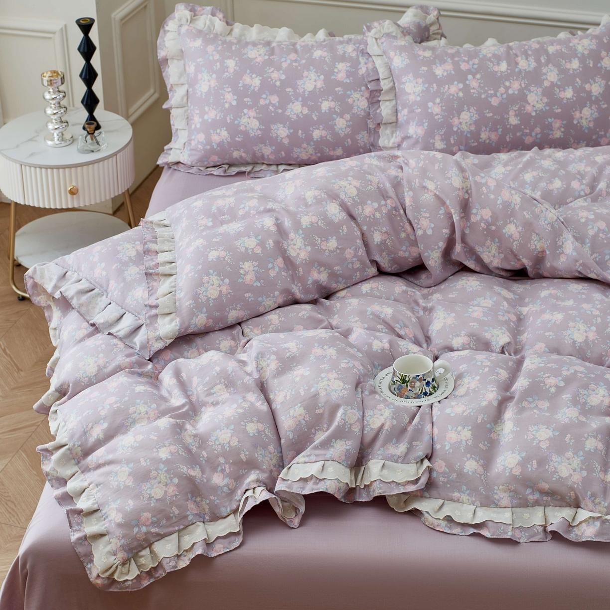 91家纺网 家纺一手货源 找家纺 （总）2025新款全棉纯棉A类双层纱双层蕾丝花边四件套