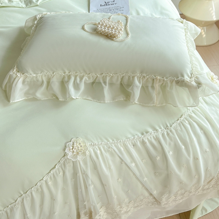 91家纺网 家纺一手货源 找家纺 艺玲家纺 2025新款糯小棉爱丽莎雪纺花边四件套 爱丽莎-绿