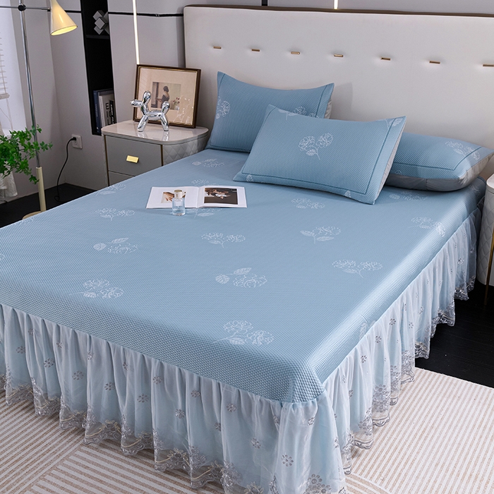 91家纺网 家纺一手货源 找家纺 席之家 2025新款3D冰感蕾丝床裙豆豆席 蕾丝-茶花之恋-蓝