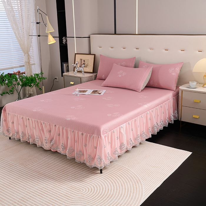 91家纺网 家纺一手货源 找家纺 席之家 2025新款3D冰感蕾丝床裙豆豆席 蕾丝-茶花之恋-粉