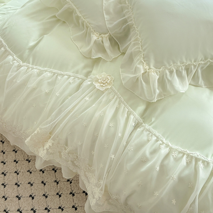 91家纺网 家纺一手货源 找家纺 艺玲家纺 2025新款糯小棉爱丽莎雪纺花边四件套 爱丽莎-绿