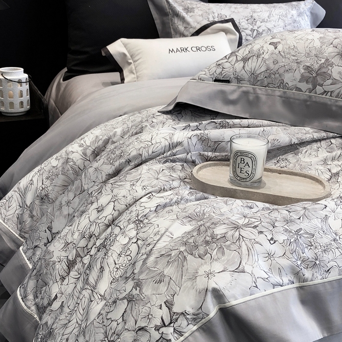 91家纺网 家纺一手货源 找家纺 佳汐蓝2025新款典雅诗意花卉全棉印花四件套券后不低于438/458元 雾隐巴黎-星空灰