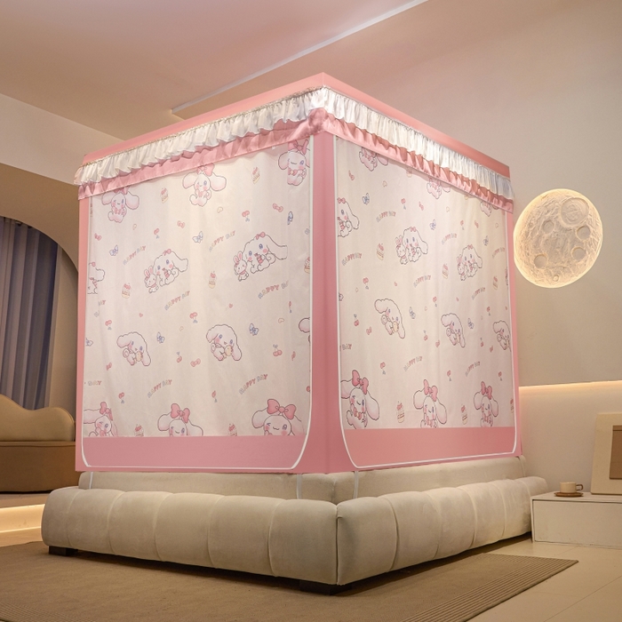 91家纺网 家纺一手货源 找家纺 冉美家纺  2025新款U型遮光方顶坐床蚊帐 粉色小狗