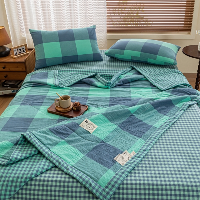 91家纺网 家纺一手货源 找家纺 鑫棉坊 2025新款全棉色织水洗棉A类棉花夏被可机洗空调被四件套床单枕套 淡雅