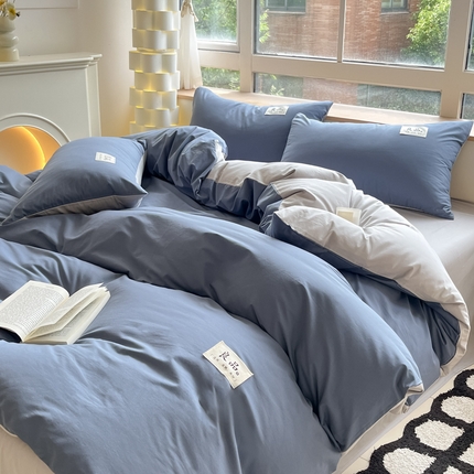 禧澜庭 2025新款纯棉全棉水洗棉斜纹无印风贴标四件套三件套 湖蓝+梧桐灰