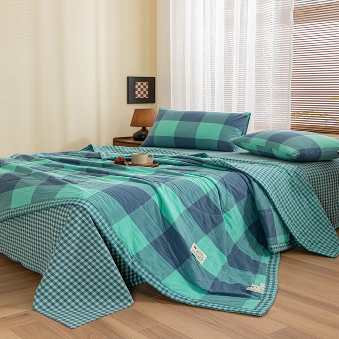 91家纺网 家纺一手货源 找家纺 鑫棉坊 2025新款全棉色织水洗棉A类棉花夏被可机洗空调被四件套床单枕套 淡雅