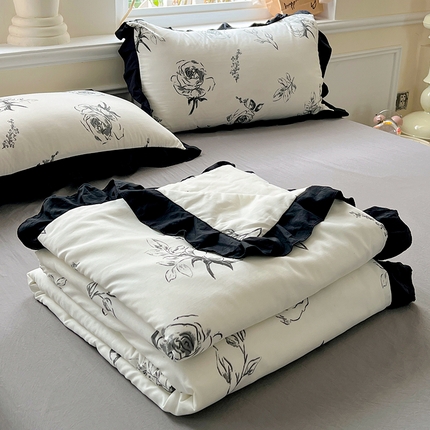 逸林家纺《原希尔顿逸林》 2025爆款法式赫本风水洗棉韩版荷叶花边云朵棉夏被夏凉被空调被四件套直播爆款 玫瑰花语