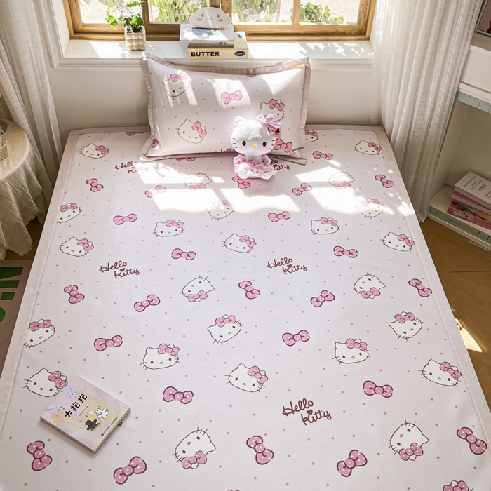 91家纺网 家纺一手货源 找家纺 博雅 2025新款三丽欧A类小版数码印花1200D冰丝凉席凉席席子 粉色蝴蝶结KT