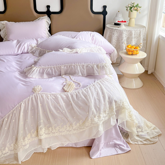 91家纺网 家纺一手货源 找家纺 艺玲家纺 2025新款糯小棉爱丽莎雪纺花边四件套 爱丽莎-紫