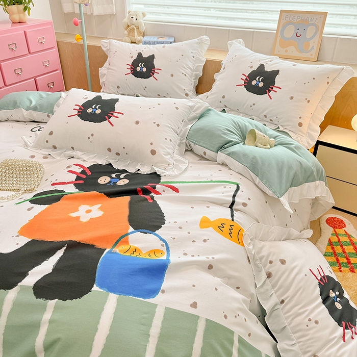 91家纺网 家纺一手货源 找家纺 玉元坊 2025新款全棉纯棉数码印花四件套 猫钓鱼