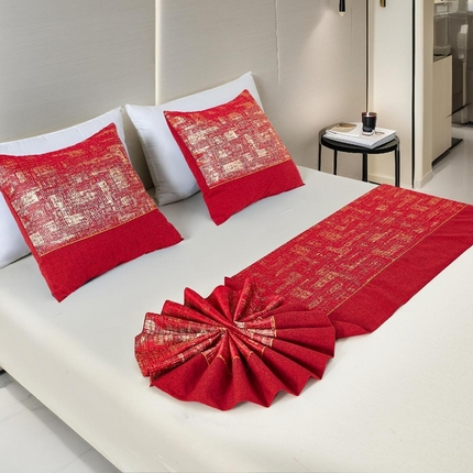 91家纺网 家纺一手货源 找家纺 安力森/诚臻酒店用品2025新款【定制款床尾巾不退不换】床尾巾纯色北欧轻奢高端简约民宿床上用品酒店床旗宾馆床搭巾定制 高精密棉麻双拼-红
