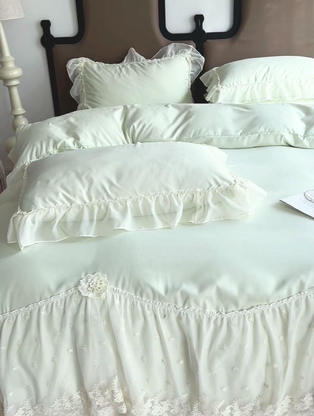 91家纺网 家纺一手货源 找家纺 艺玲家纺 2025新款糯小棉爱丽莎雪纺花边四件套 爱丽莎-绿