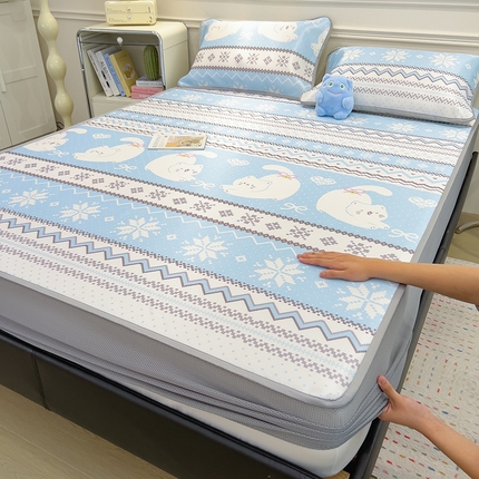 摩妮卡 2025新款小清新碳光冰丝软席床笠款单床笠三件套 萌猫幻梦-蓝