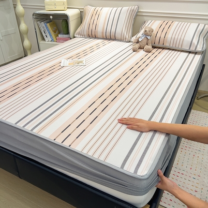 摩妮卡 2025新款小清新碳光冰丝软席床笠款单床笠三件套 柔色纵纹-咖