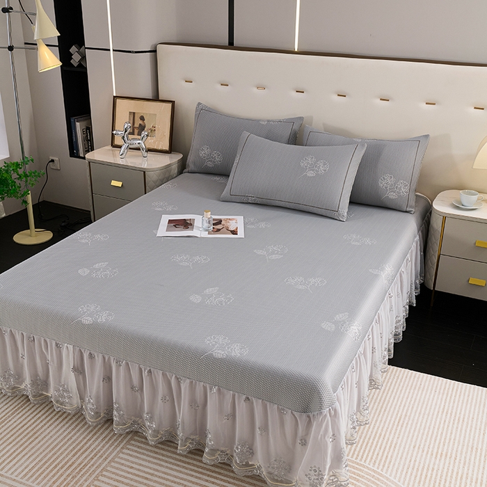 91家纺网 家纺一手货源 找家纺 席之家 2025新款3D冰感蕾丝床裙豆豆席 蕾丝-茶花之恋-灰