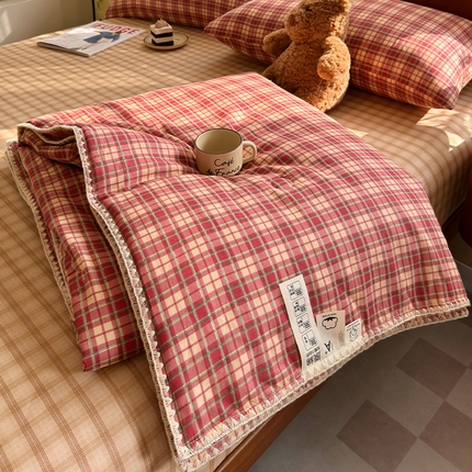 一加一 2025新款A类母婴级有氧全棉双层纱大豆纯棉夏凉被空调被四件套 赫本红格