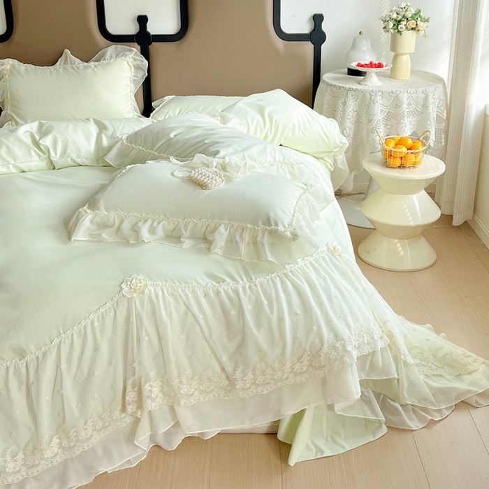 91家纺网 家纺一手货源 找家纺 艺玲家纺 2025新款糯小棉爱丽莎雪纺花边四件套 爱丽莎-绿