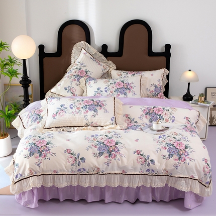 木兰花 2025新款欧式全棉印花韩版花边夹棉床盖床裙款四件套【控价288元起】安藤丽娜粉