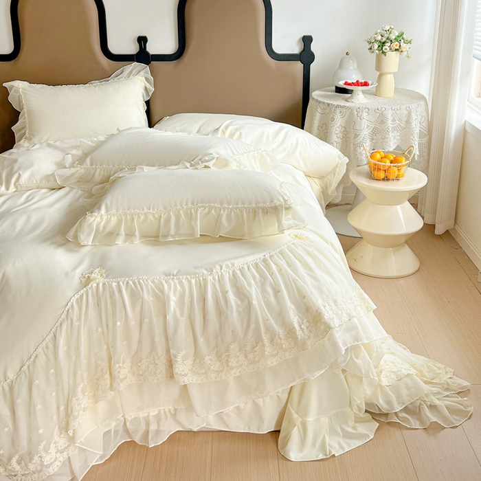 91家纺网 家纺一手货源 找家纺 艺玲家纺 2025新款糯小棉爱丽莎雪纺花边四件套 爱丽莎-黄