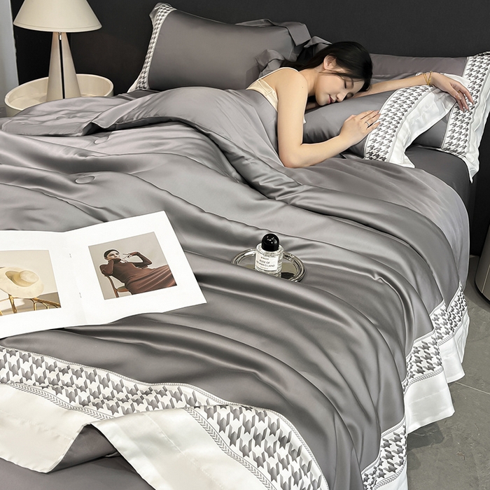 91家纺网 家纺一手货源 找家纺 露梦家纺 2025新款A类水洗真丝数码边莫兰迪系列夏被子被芯 莫兰迪-高级灰