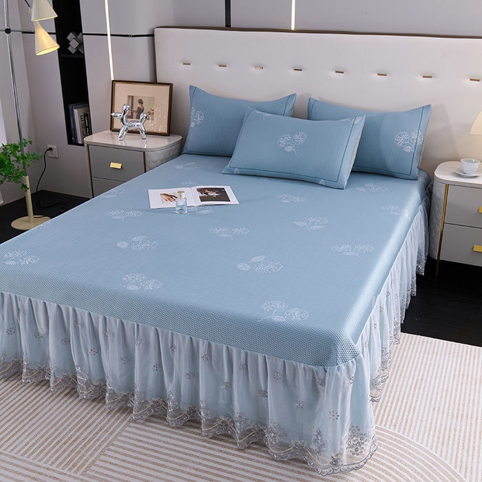 91家纺网 家纺一手货源 找家纺 席之家 2025新款3D冰感蕾丝床裙豆豆席 蕾丝-茶花之恋-蓝