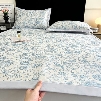 倾慕家纺 2025新款冰泉丝水墨风印花包边席子凉席 雅境蓝
