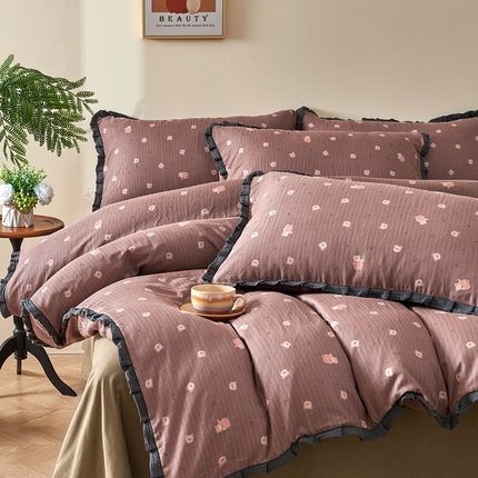 91家纺网 家纺一手货源 找家纺 （总）黛馨 2025新款全棉纯棉A类小清新双层纱四件套-皱皱边系列