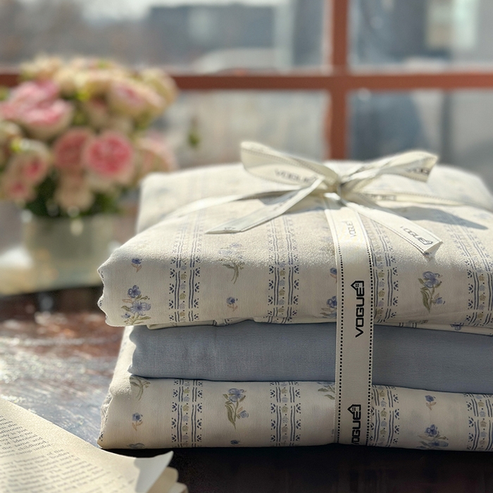 91家纺网 家纺一手货源 找家纺 麦伦家居 2025新款全棉有氧双层纱简约款系列四件套 茵曼蓝