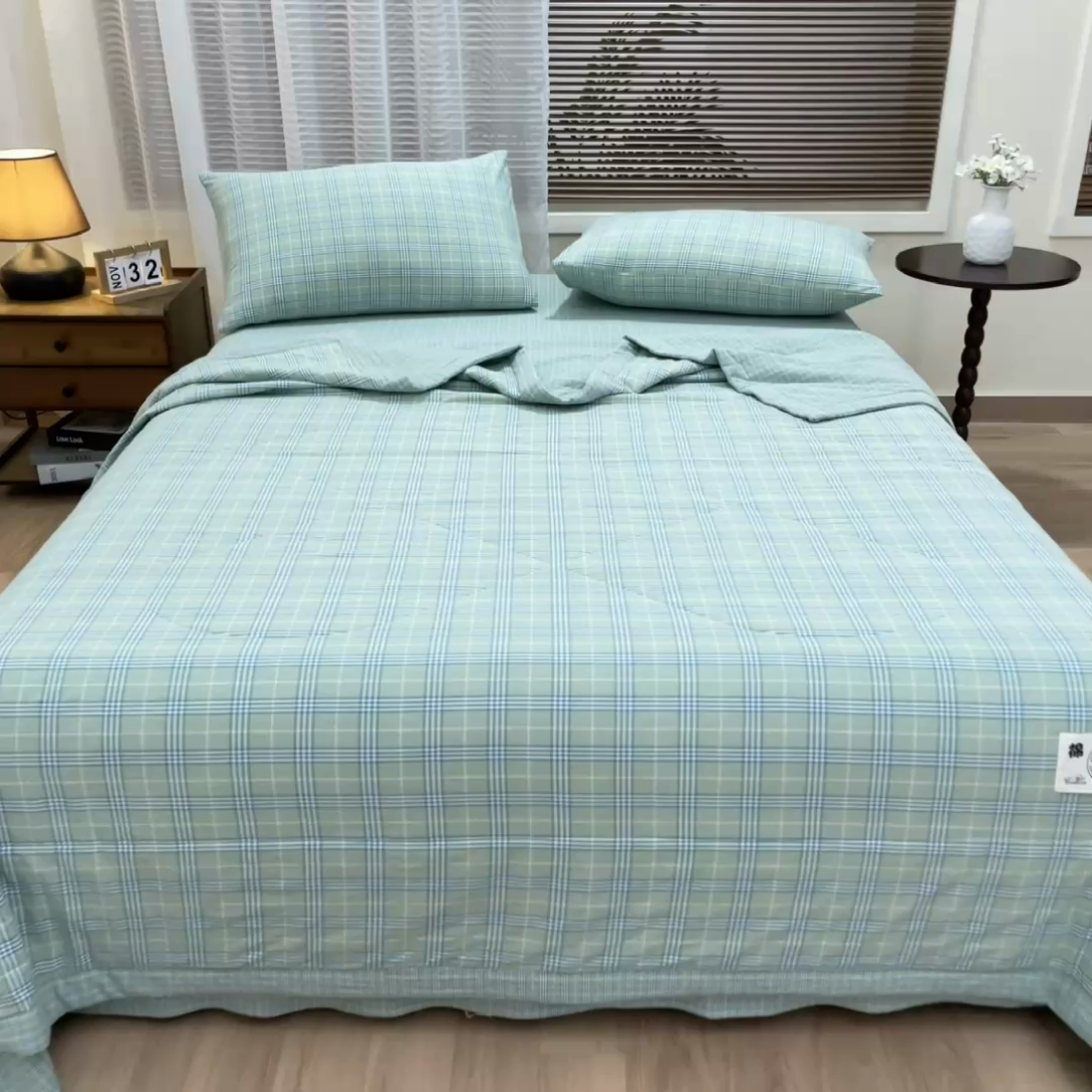 91家纺网 家纺一手货源 找家纺 鑫棉坊 2025新款全棉色织水洗棉A类棉花夏被可机洗空调被四件套床单枕套 清漾绿格