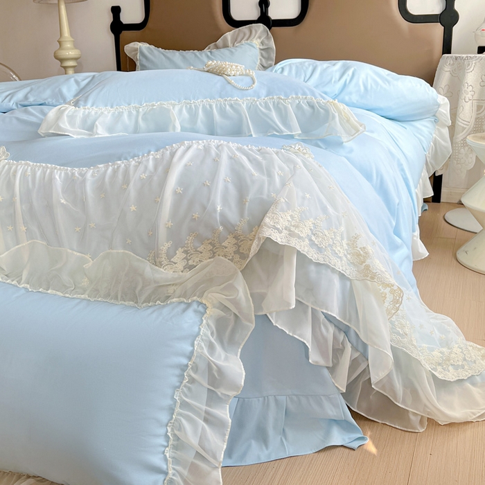 91家纺网 家纺一手货源 找家纺 艺玲家纺 2025新款糯小棉爱丽莎雪纺花边四件套 爱丽莎-蓝