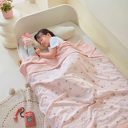嗨生活 2025年 7A抗菌全棉双层纱夏被  纱布夏被盖毯  儿童夏被 幼儿园夏被 格子兔
