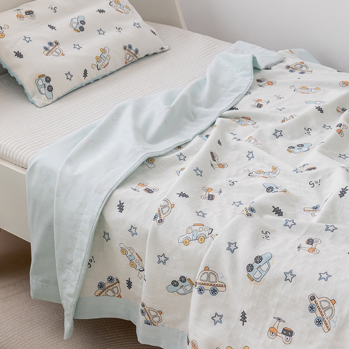 91家纺网 家纺一手货源 找家纺 嗨生活 2025年 7A抗菌全棉双层纱夏被  纱布夏被盖毯  儿童夏被 幼儿园夏被 汽车乐园