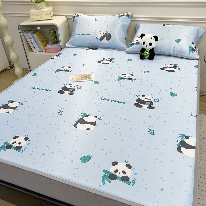 91家纺网 家纺一手货源 找家纺 摩妮卡 2025新款小清新碳光冰丝软席床笠款单床笠三件套 冰蓝熊猫