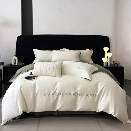 禧澜庭 2025新款高支纯棉全棉斜纹四件套刺绣绣花款轻奢三件套--简爱系列 贵族白+绿色