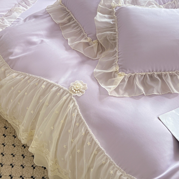 91家纺网 家纺一手货源 找家纺 艺玲家纺 2025新款糯小棉爱丽莎雪纺花边四件套 爱丽莎-紫