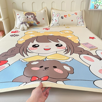 摩妮卡 2025新款A类大版碳光冰丝席 三件套 幸运一家-米白