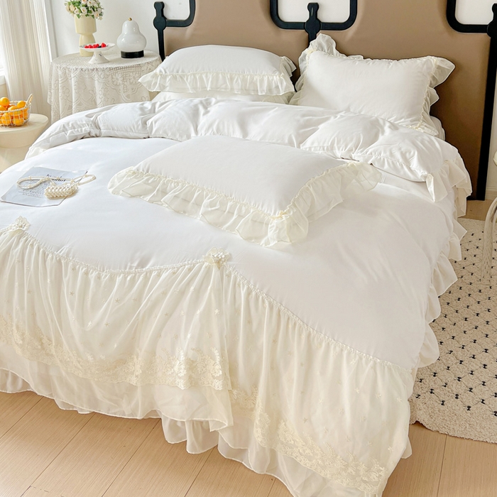 91家纺网 家纺一手货源 找家纺 艺玲家纺 2025新款糯小棉爱丽莎雪纺花边四件套 爱丽莎-白