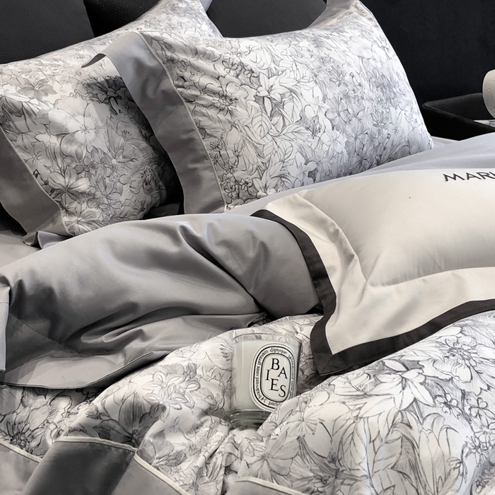 91家纺网 家纺一手货源 找家纺 佳汐蓝2025新款典雅诗意花卉全棉印花四件套券后不低于438/458元 雾隐巴黎-星空灰