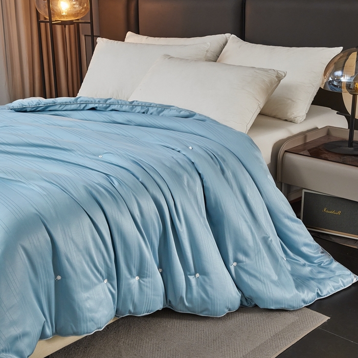 91家纺网 家纺一手货源 找家纺 金同成家纺 2025新款缎条蚕丝被春秋被子母被冬被子被芯 远山蓝