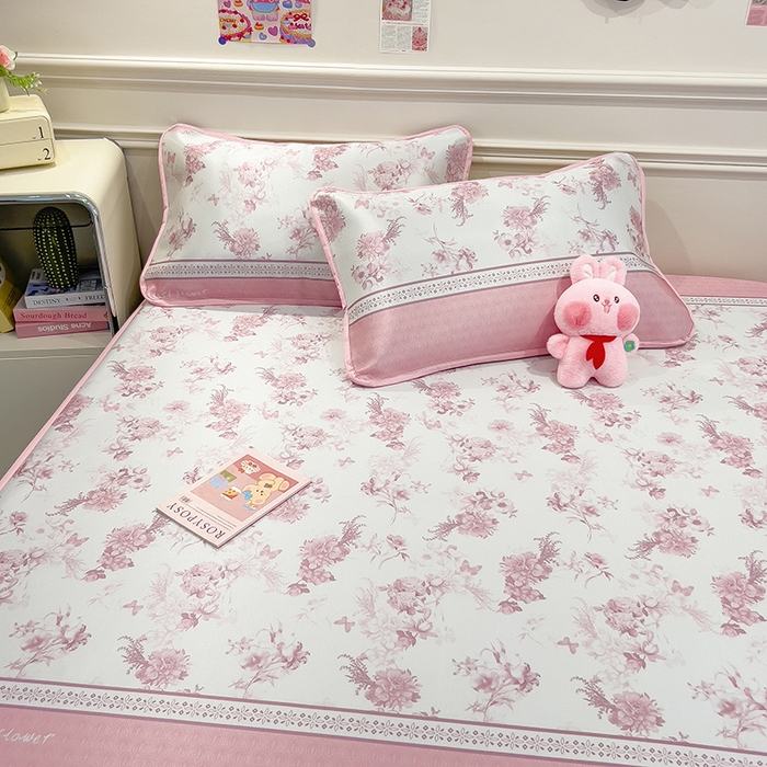 91家纺网 家纺一手货源 找家纺 摩妮卡 2025新款小清新碳光冰丝软席床笠款单床笠三件套 花绮梦-粉