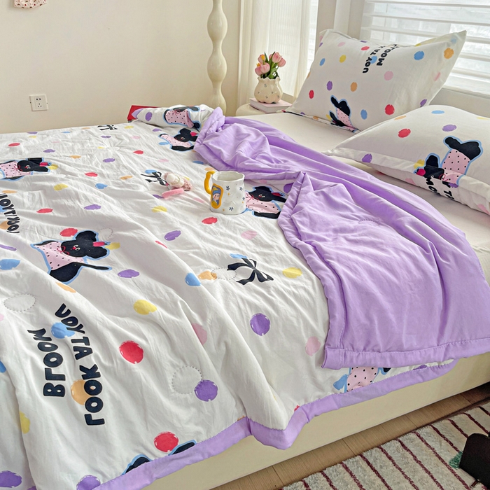 91家纺网 家纺一手货源 找家纺 富艺隆 2025新款水洗棉双层纱夏被 波点小狗