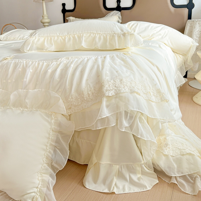 91家纺网 家纺一手货源 找家纺 艺玲家纺 2025新款糯小棉爱丽莎雪纺花边四件套 爱丽莎-黄