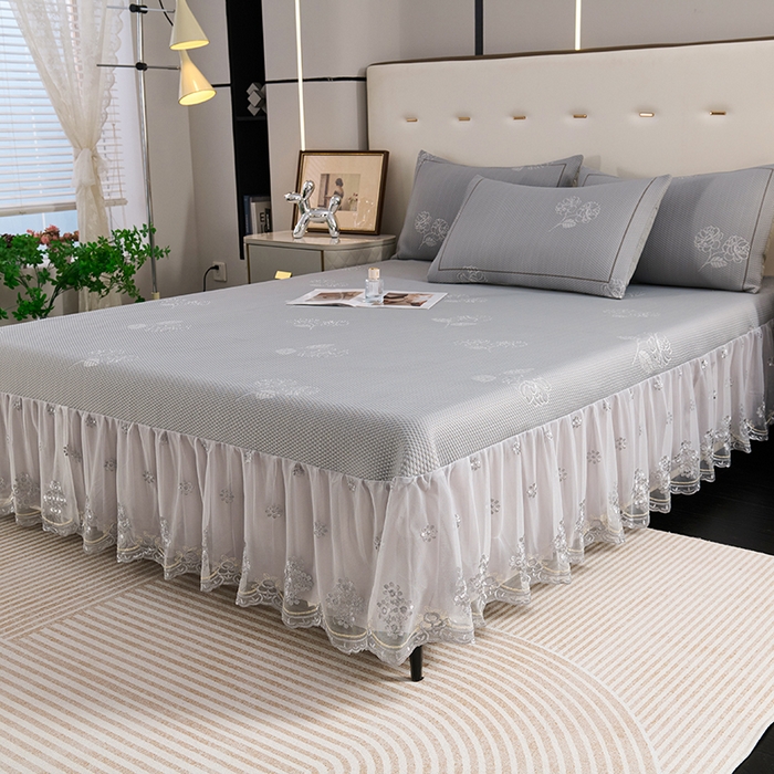 91家纺网 家纺一手货源 找家纺 席之家 2025新款3D冰感蕾丝床裙豆豆席 蕾丝-茶花之恋-灰