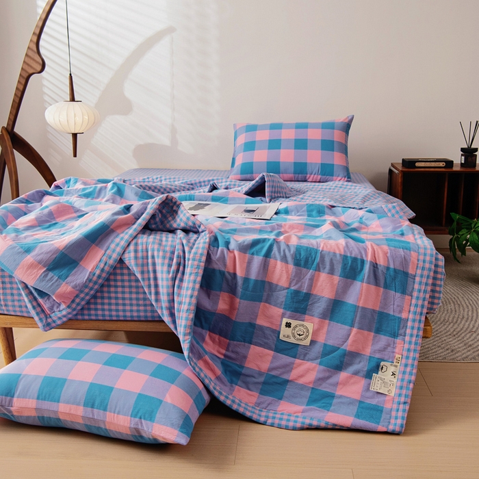 91家纺网 家纺一手货源 找家纺 鑫棉坊 2025新款全棉色织水洗棉A类棉花夏被可机洗空调被四件套床单枕套 福山