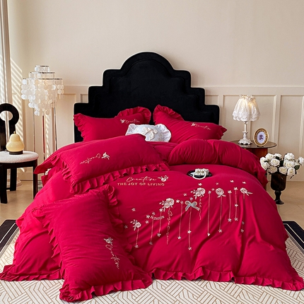 91家纺网 家纺一手货源 找家纺 （总）帝菲妮 2025新款法式韩版高克重超柔水洗棉针织棉糯小棉刺绣四件套-玫瑰花语