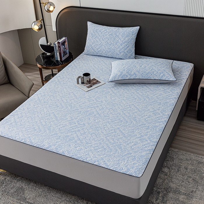 91家纺网 家纺一手货源 找家纺 锦罗绣 2025春夏新款PE中分子凉感提花软凉席席子 流金岁月-蓝 床笠款